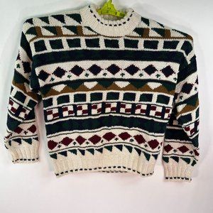 Heather & Tweed Sweater Adult Size M Ivory Blue Ramie Geometric Hand Knit VTG